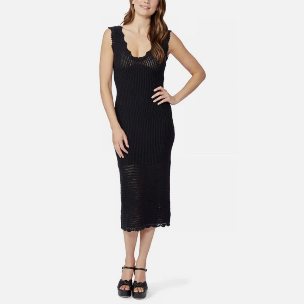 Paige Opal Scalloped-Detail Cotton-Crochet Midi Dress In Black